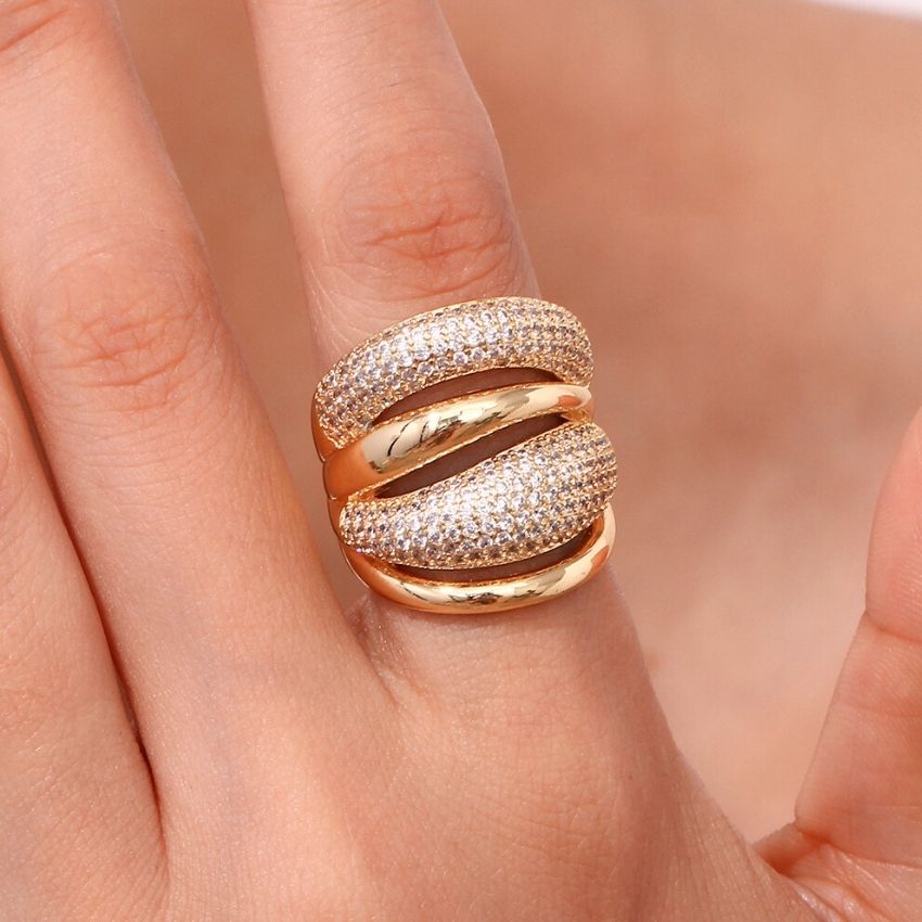 Chunky Gold Plated Brass Ring Wholesale CZ Dome Statement Jewelry